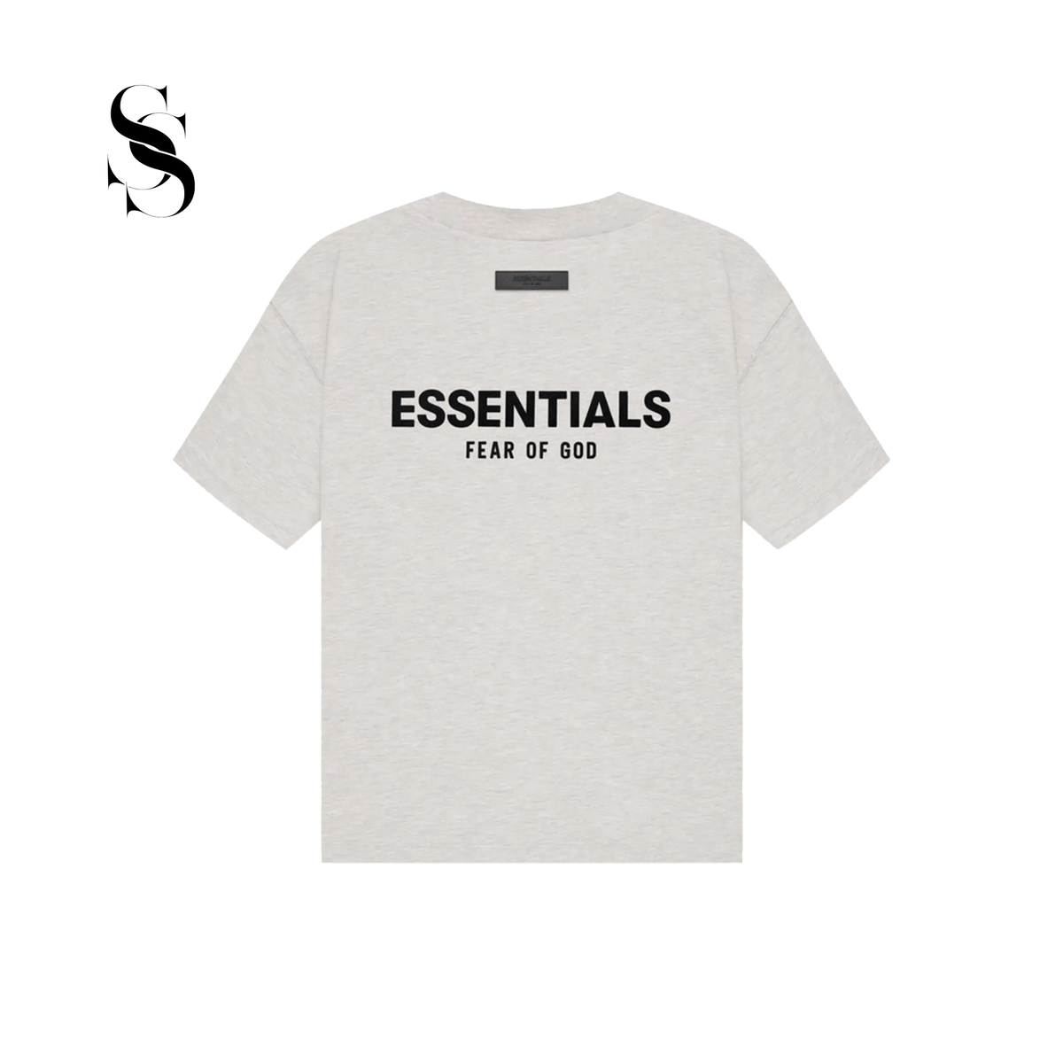 Camiseta de manga corta Fear of God Essentials parte trasera en color gris jaspeado claro con logotipo frontal negro en el pecho sobre fondo blanco.