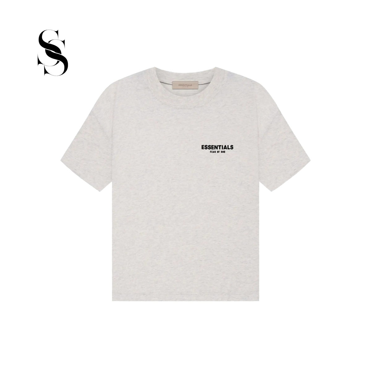 Camiseta de manga corta Fear of God Essentials en color gris jaspeado claro con logotipo frontal negro en el pecho sobre fondo blanco.