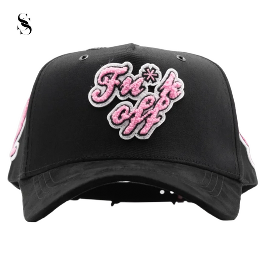 Gorra Dandy Hats Fuck Off de Second Shot, gorra negra con diseño gráfico llamativo y etiqueta en la parte frontal.